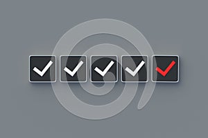 Unsolvable problem. Red check mark on button. Unconfirmed Information. Incorrect choice concept. Wrong decision photo