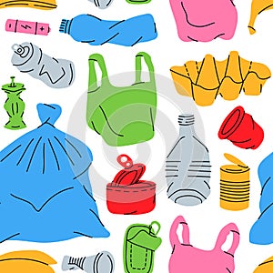 Unsorted garbage pattern. Hand drawn trash background. Background of colored garbage. Problem globe pollution concept.