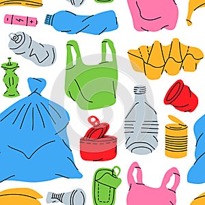 Unsorted garbage pattern. Hand drawn trash background. Background of colored garbage. Problem globe pollution concept. photo