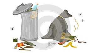 Unsorted garbage in trash containers. Waste bin, garbage bag with waste, food, lamp and flies.
