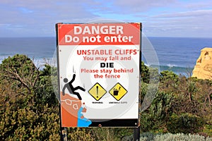 Unstable cliffs danger sign photo