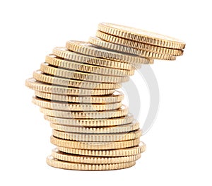 Unstable stack of golden coins photo