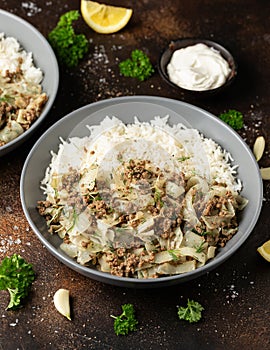 Unstuffed cabbage roll with ground beef, rice and vegetables.