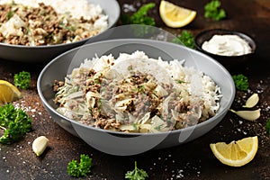 Unstuffed cabbage roll with ground beef, rice and vegetables.