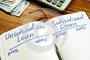 Unsubsidized vs Subsidized loans pros and cons in note pad