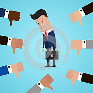 Unsuccessful and sad businessman and many hands with thumbs down. Dislikes and negative feedback concept. Vector illustration