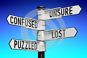 Unsure, confused, lost, puzzled - signpost with four arrows