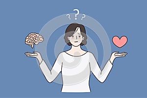 Unsure woman choose between brain and heart