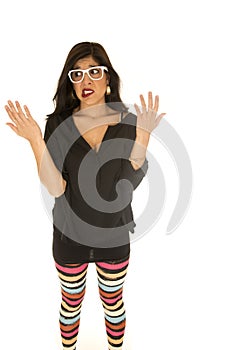 Unsure woman wearing colorful leggings her hands up undecided ex