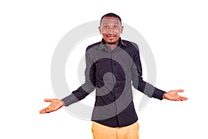 Unsure young businessman gesturing his hands