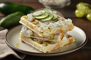 Unsweetened cheese waffles with cream cheese and cucumber