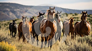 Untamed mustangs roaming in a scenic field