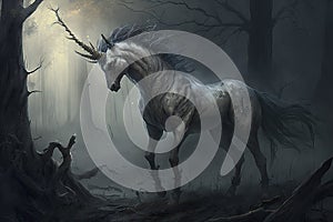 Untamed Unicorn with a Dark Coat and Fiery Eyes for Fantasy Posters.