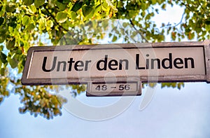 Unter Den Linden street sign, famous road of Berlin