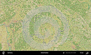 Unterfranken outlined, Germany. Topographic Humanitarian