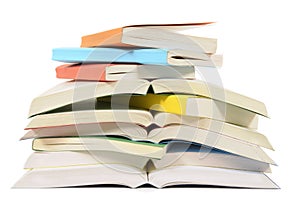 Books, untidy pile, open, isolated white background