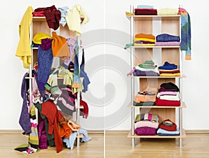 Before untidy and after tidy wardrobe with colorful winter clothes and accessories. photo