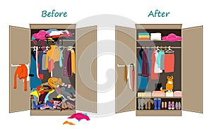 Before untidy and after tidy wardrobe. Messy clothes thrown on a shelf and nicely arranged clothes in piles and boxes.