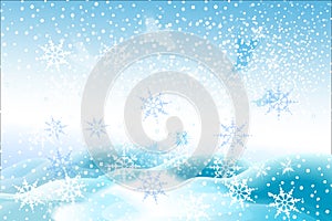 Natural Winter Christmas background with sky, heavy snowfall, snowflakes in different shapes and forms, snowdrifts. Winter landsca