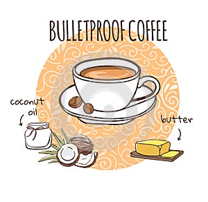 Bulletproof coffee. Vector illustration of a healthy caffeine drink and its ingredients: coconut oil and butter. photo