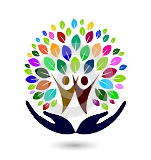 Hand with family colorful tree logo icon element on white background.