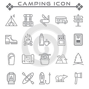 Camping related line icons, Various camping related line icons,