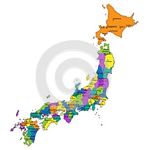 Colorful Japan political map with clearly labeled, separated layers.