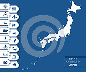 Flat high detailed Japan map. Divided into editable contours of administrative divisions. Vacation and travel icons.