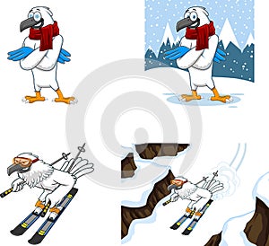 Winter Hawk Bird Cute Cartoon Characters. Vector Collection Set