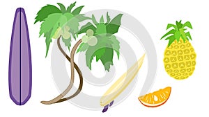 A cute set with surf boards, palm trees and fruits