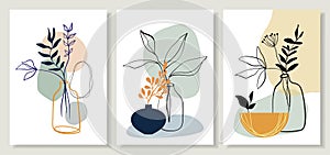 Abstract art line backgrounds  posters wall art set with flowers and plants in pots photo