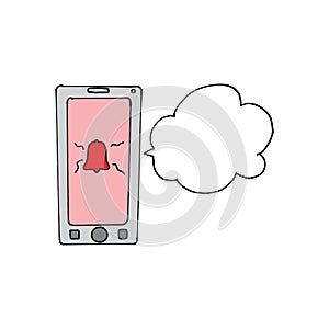 Smartphone icon with cloud speech on white background. touchsreen, notification. blank speech bubble for text. hand drawn vector.