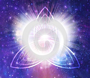 Glowing universal heart portal, infinite love, life, source, soul journey through Universe doorway, Holy Trinity sacred symbol photo