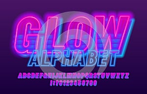 Glow alphabet font. Neon light letters and numbers.