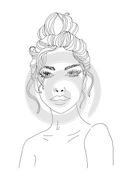 woman portrait line art illustration messy bun girl ink pen drawing sensual lips beautiful woman sketch black and white hairstyle