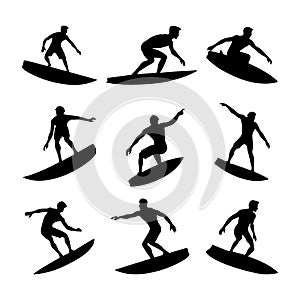 A set of silhouettes of a surfer surfing on his surfboard