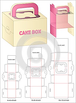 Cake Box Dieline Vector with Handle and Transparent Window Multi Size Packaging Layout