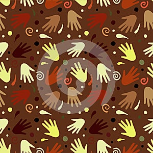 Seamless handprints pattern with colorful paint and spots splashes