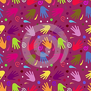 Seamless handprints pattern with colorful paint and spots splashes