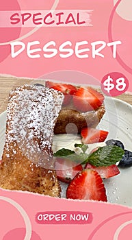 French toast with whipped cream and strawberries in white plate on a wooden table poster