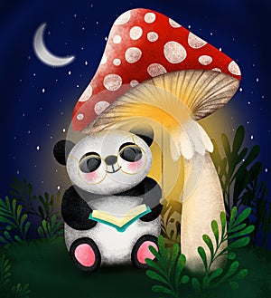 Cutest panda with book And mushroom photo