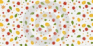Seamless pattern with eggs, leaves, flowers and dott. Easter