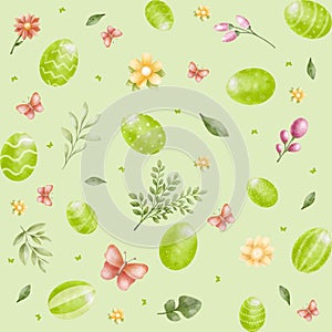 Green seamless background with flowers, leaves, nature and easter eggs