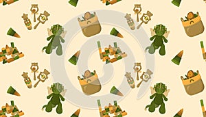 Pattern features playful, repeating illustrations of various children's toys.