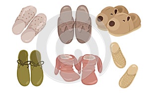 different cozy home slippers in pastel, warm, collection of comfortable indoor shoes isolated on white background
