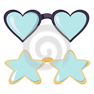 Fun sunglasses illustration in heart and star shapes. Playful design for summer, party, or photo booth themes.