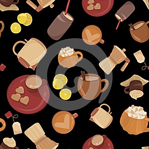 Seamless pattern with coffee, tea, lemon, and sweet treats on black background. Cozy drink concept for cafÃ© or kitchen decor.
