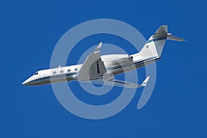Untitled business jet passenger plane at airport. Corporate flight travel. Aviation and aircraft. Vip transport. Company