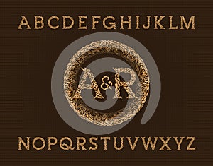 Vintage ornamental floral monograms. Luxury decorative alphabet font in golden color.