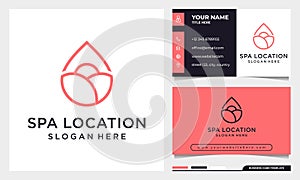 Line Art Elegant Rose flower with location icon logo design, beauty spa or cosmetics logo with business card